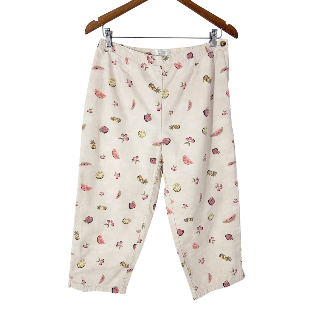 90s Vintage Cotton Fruit Print Cream Retro Capri Crop Pants Women's Size 6